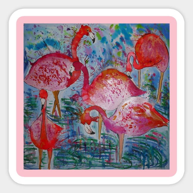 Colourful Flamingos wading in water Sticker by Casimirasquirkyart